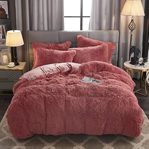 Shaggy Fluffy Faux Fur Duvet Cover Set Button Closure Velvety Bedding Se…
